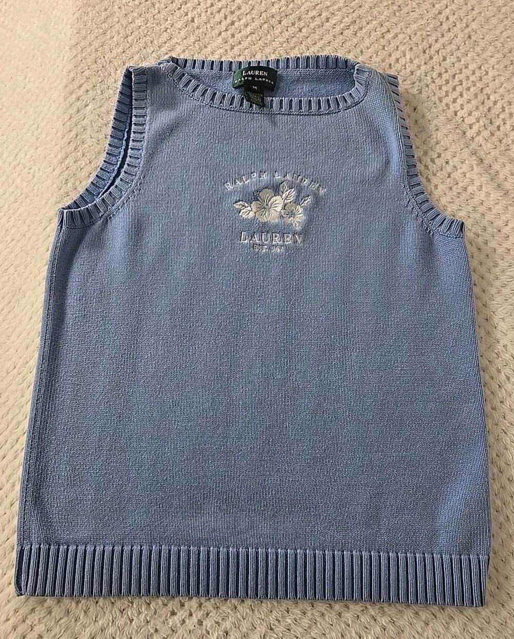 Lauren Ralph Lauren Blue Floral Embroidered Cotton Sweater Vest Women's M #0410